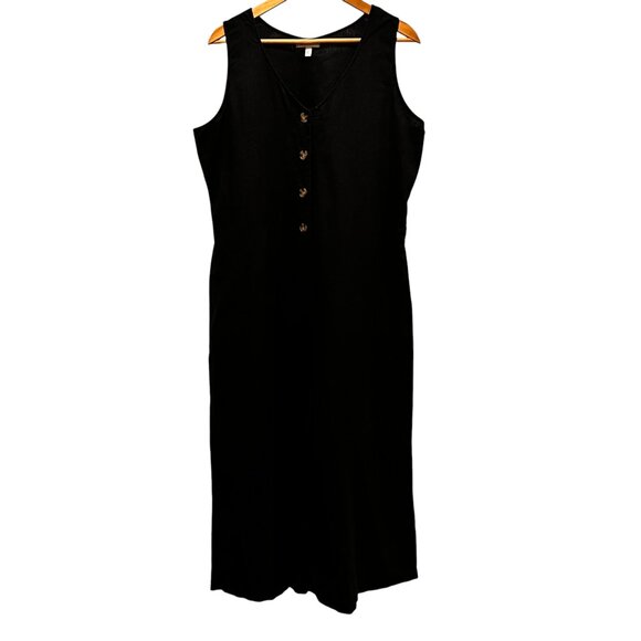 Neiman Marcus Sleeveless Linen Wide Leg Cropped Jumpsuit, Black, L - Picture 9 of 9